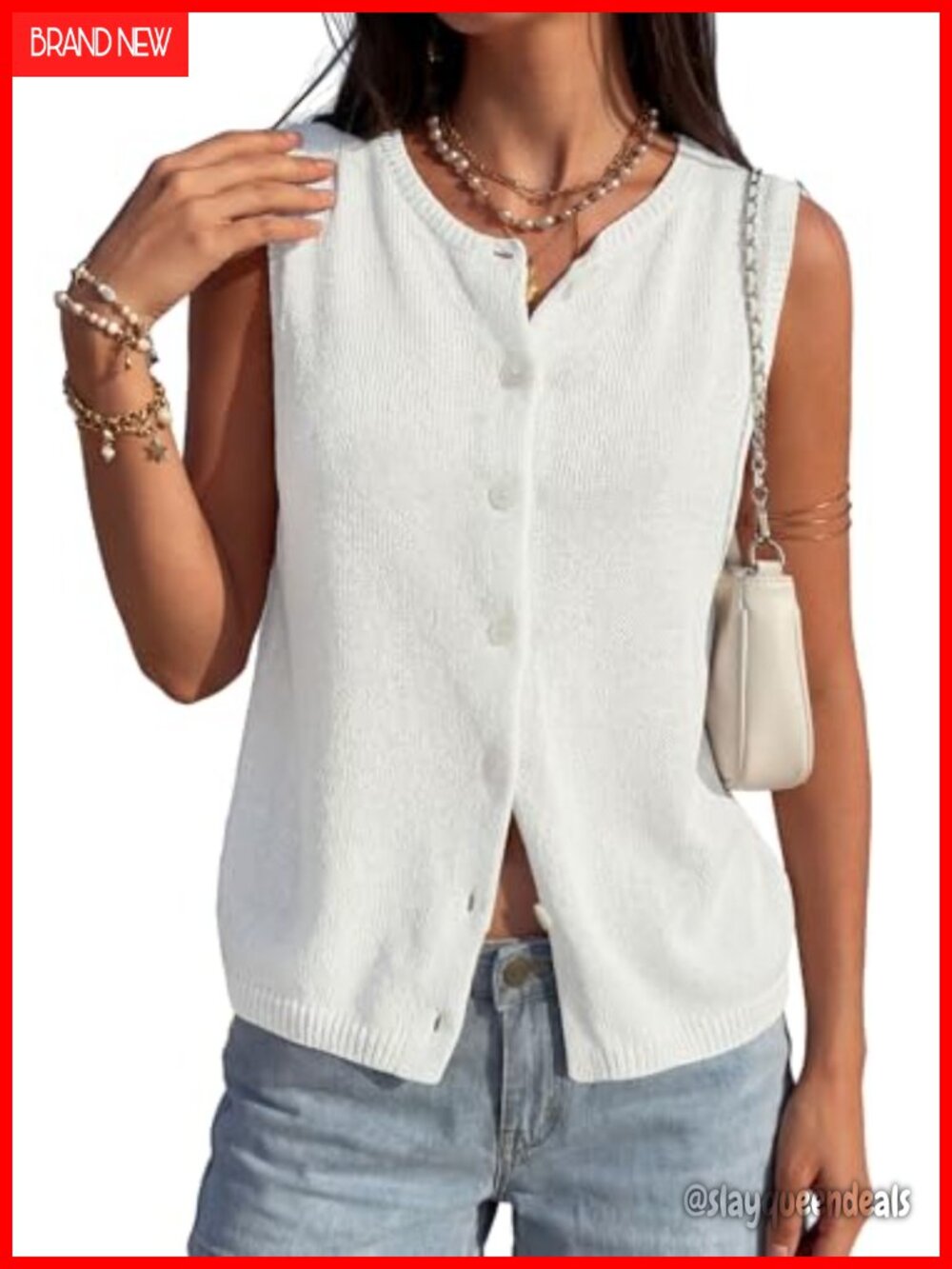 Sleeveless Button Down Sweater Vest Crew Neck Viscose